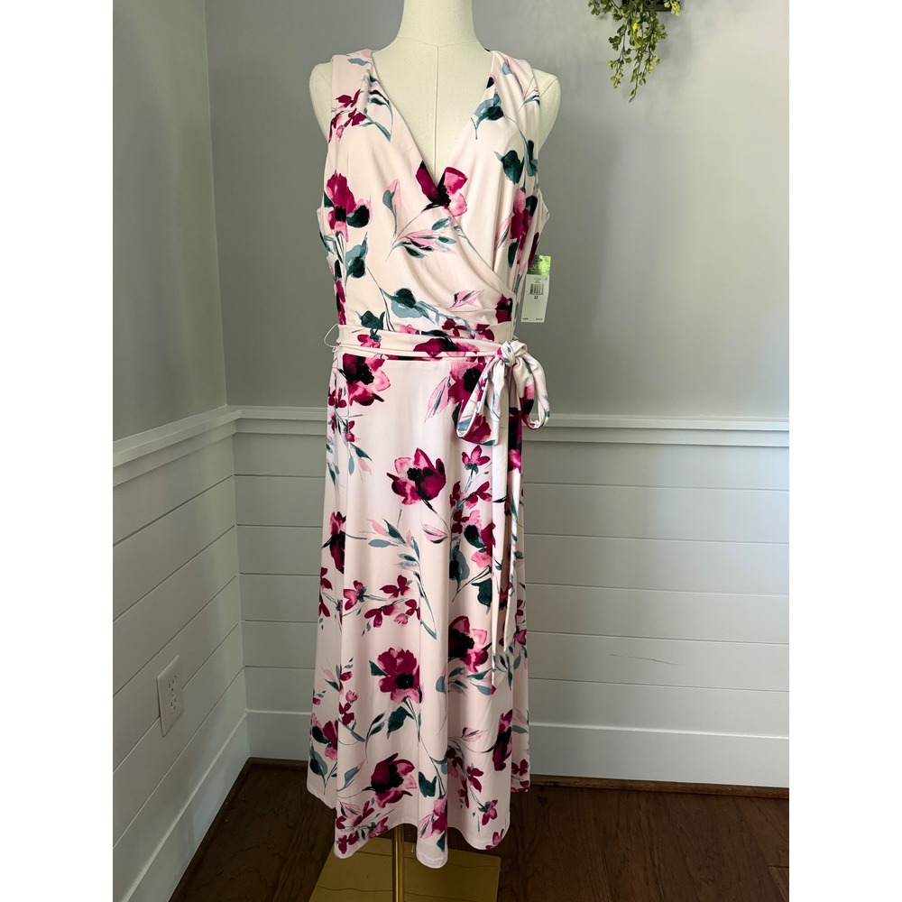 Lauren Ralph Lauren Floral Faux Wrap Dress Midi Derby Garden Party Rose Pink 12 - Picture 2 of 15